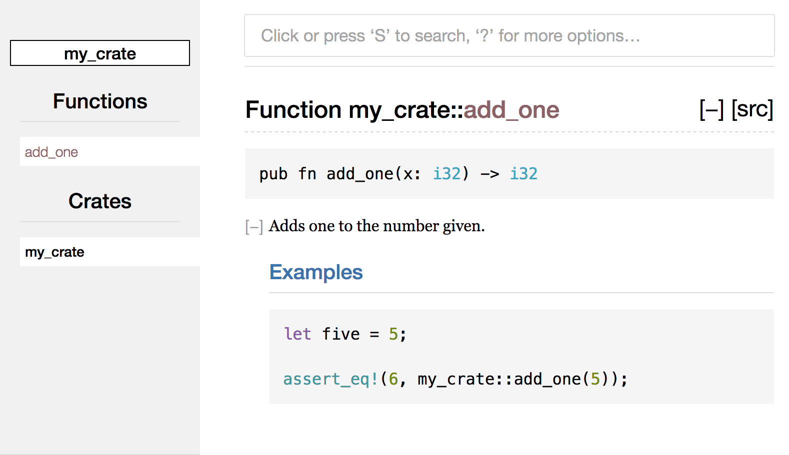`my_crate` 的 `add_one` 函数所渲染的文档注释 HTML