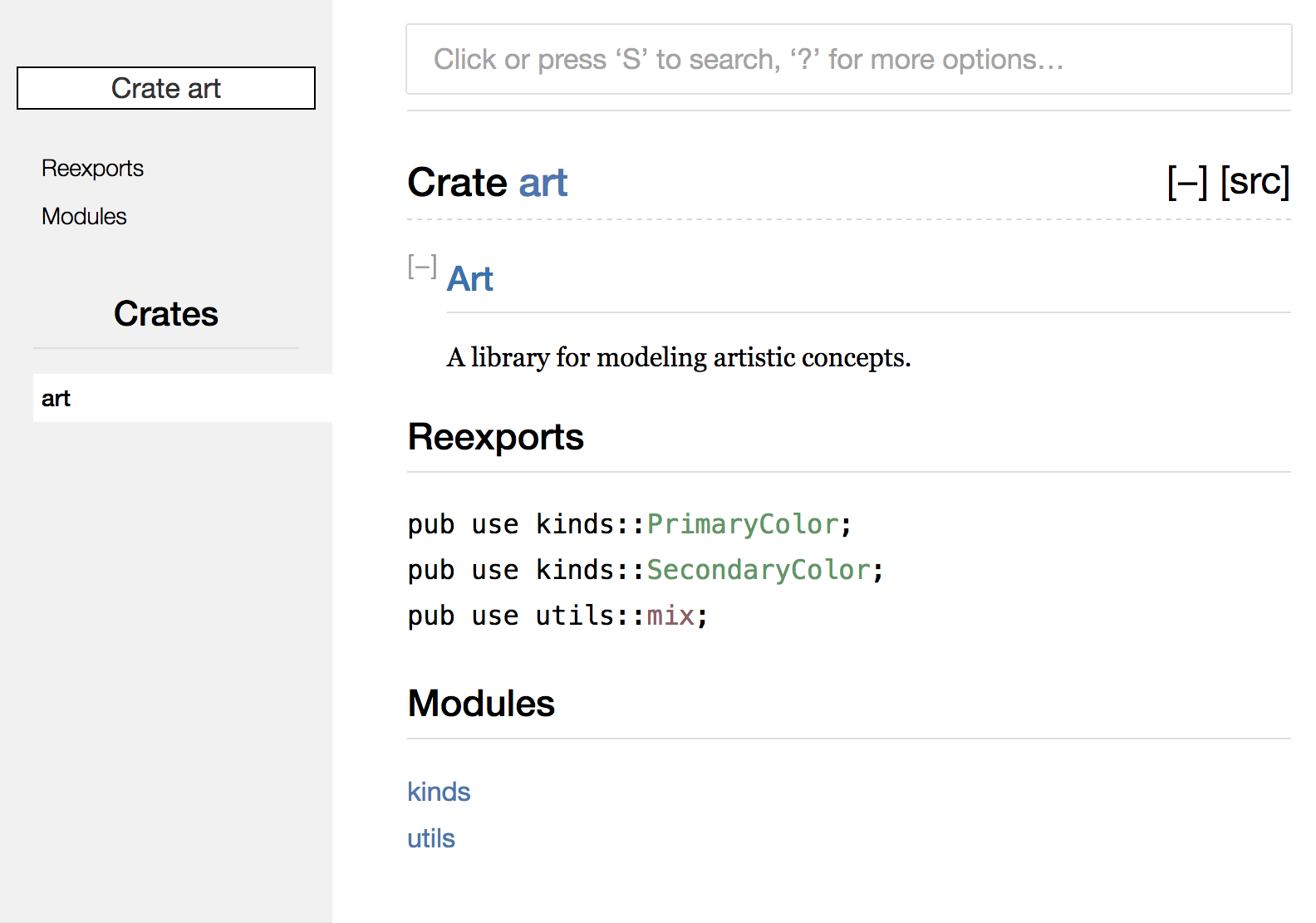 Rendered documentation for the `art` crate with the re-exports on the front page